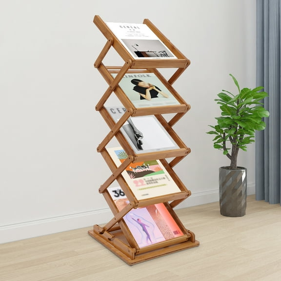 5 Layers Bamboo Foldable Magazine Rack Magazine File Shelf Pop-up Book Stand New