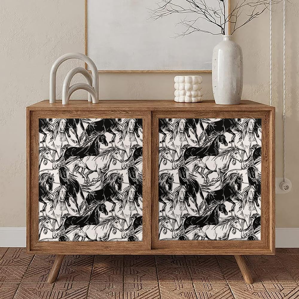 Modern Black and White Horse Animal Abstract Art Peel and Stick Wallpaper Contact Paper Vintage Vinyl Stick on Wall Paper for Bedroom Bathroom Kitchen Cabinet Renter Friendly