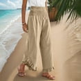 thumbnail image 7 of Womens Linen Pants Solid Color Ruffle Elasticated Waist Cropped Capris Pants High Waisted Straight Wide Leg Trouser Fall Comfort Casual Loose Palazzo Pant Plain Joggers Size S-XXL, 7 of 7
