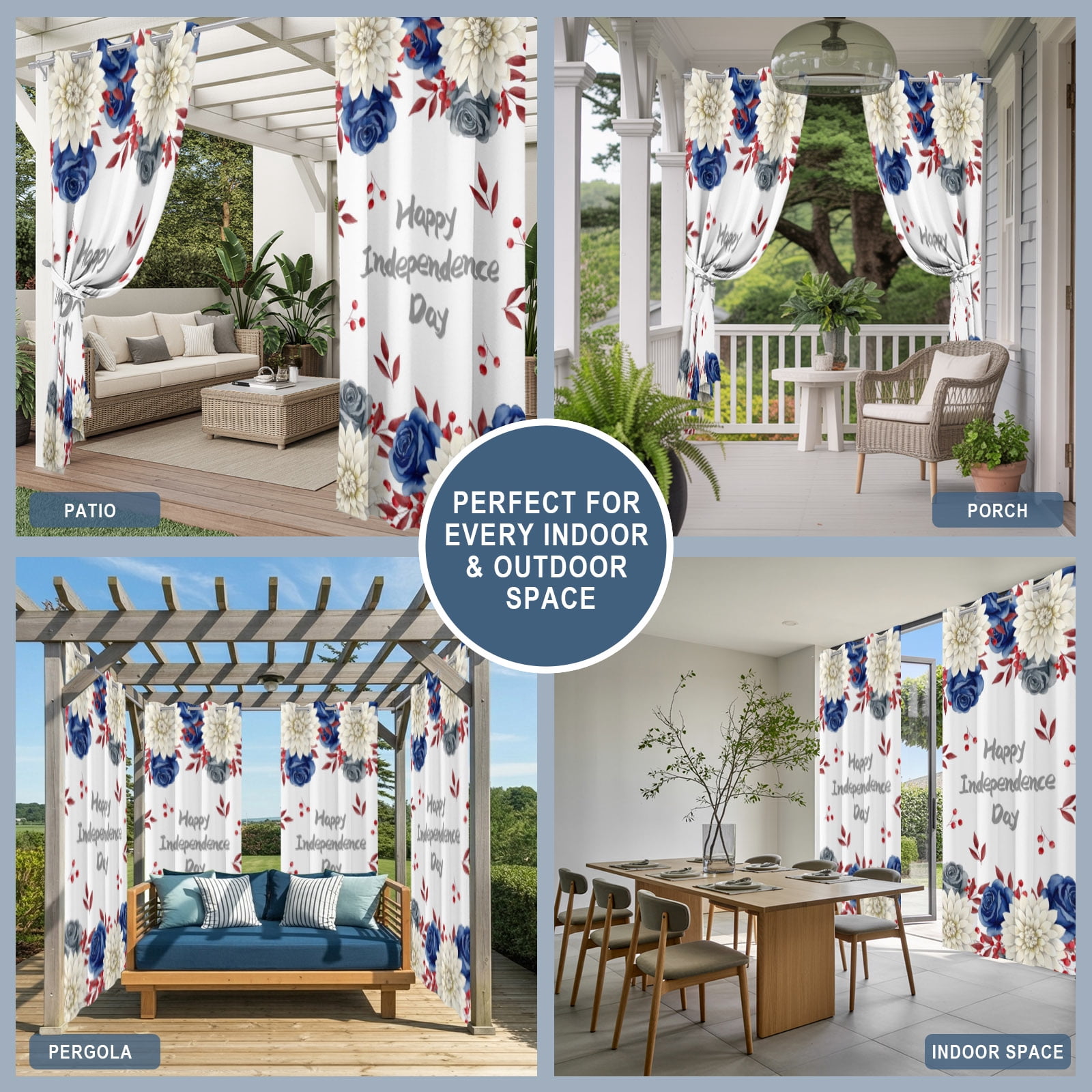 Happy Independence Day Outdoor Curtains for Patio, Red Blue Rose Dahlia Floral Sunshade Privacy Drapes Grommet Waterproof Outside Curtains for Porch/Cabana/Balcony 54"x 84", 2 Panel
