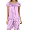 thumbnail image 4 of FAIWAD Womens Satin Pajama Sets Ruffle Hem Short Sleeve Tops with Shorts Pjs Set Casual Sleepwear Soft Loungewear, 4 of 5