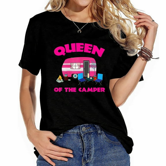 Queen Of The Camper Funny Camper Trendy Graphic Tee Shirt for Women, Soft and Comfortable Short Sleeve Top