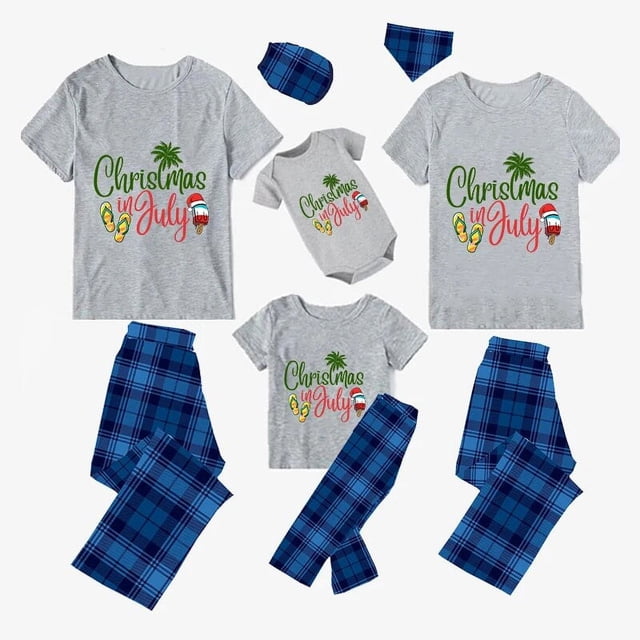Pijamas familiares navideños a juego con eslogan Christams In July, conjuntos de pijamas grises