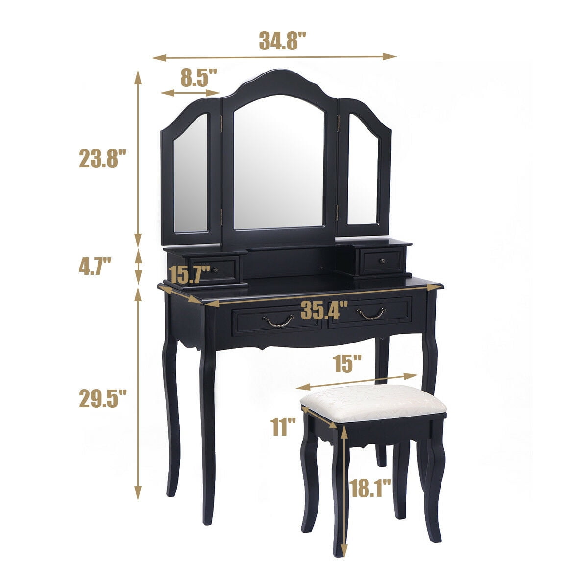 Costway Tri Folding Mirror Bathroom Wood Vanity Set Makeup Table Dresser 4 Drawers Stool