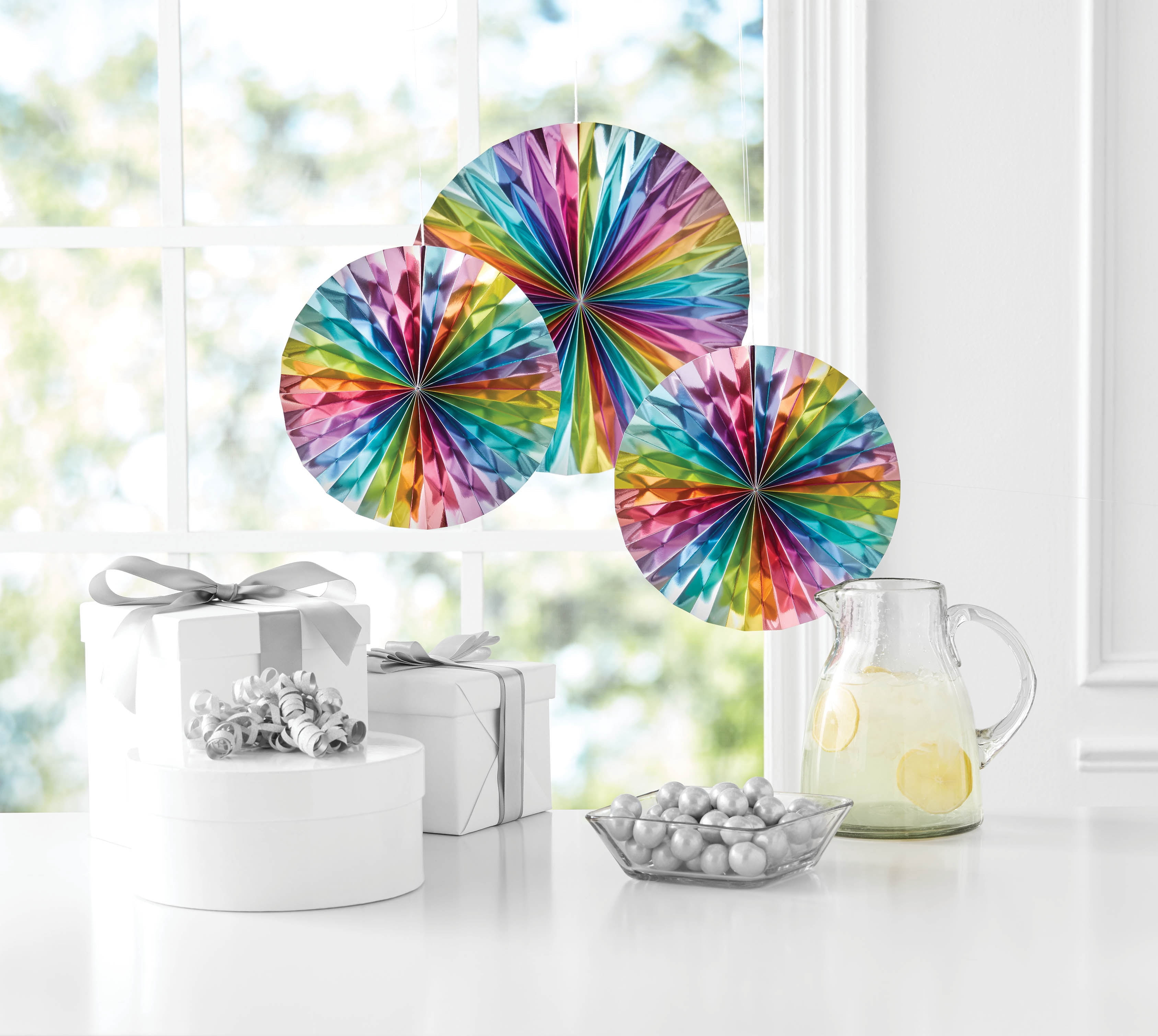 Way to Celebrate! Pastel Foil Paper Fan Decorations For Party, 3 Ct