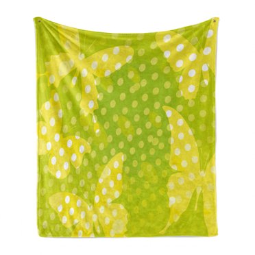 Digital Soft Flannel Fleece Throw Blanket, Modern Design with Butterfly Shapes and Polka Dots Nature Print, Cozy Plush for Indoor and Outdoor Use, 70" x 90", Pale Green Yellow, by Ambesonne