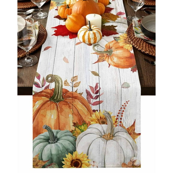 Sage Green Fall Table Runner-Cotton Linen- 90 Inch Holiday Dresser Scarves, Autumn Orange Thanksgiving Maple Sunflower Tablerunner for Kitchen Coffee/Dining Living Room Dinner Scarf Décor 13x90