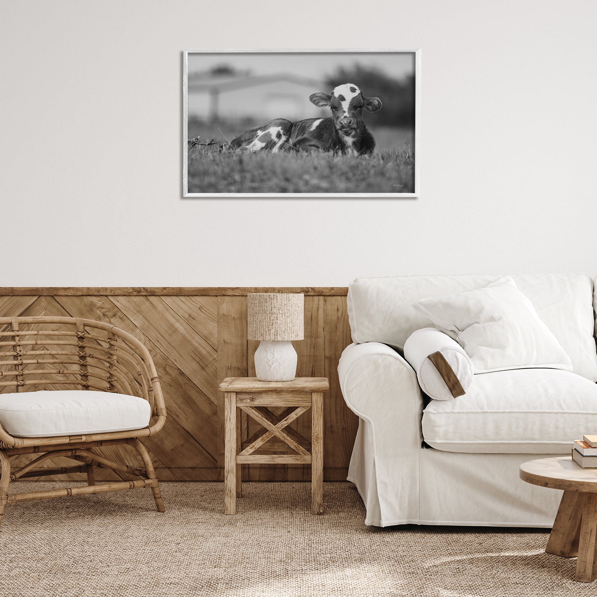 Stupell Industries Resting Cow in Grass Animals & Insects Photography White Framed Art Print Wall Art, 30 x 20