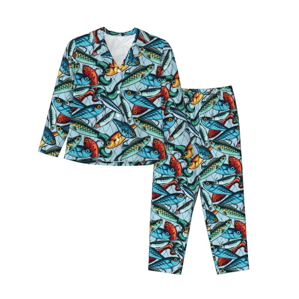 Balery Colorful Fishing Baits Conjunto de Pijama con Estampado para Mujer, Conjunto de Dos Piezas con Manga Larga, Ropa de Dormir Suave con Bolsillos, Pijamas Cómodos-XX-Large