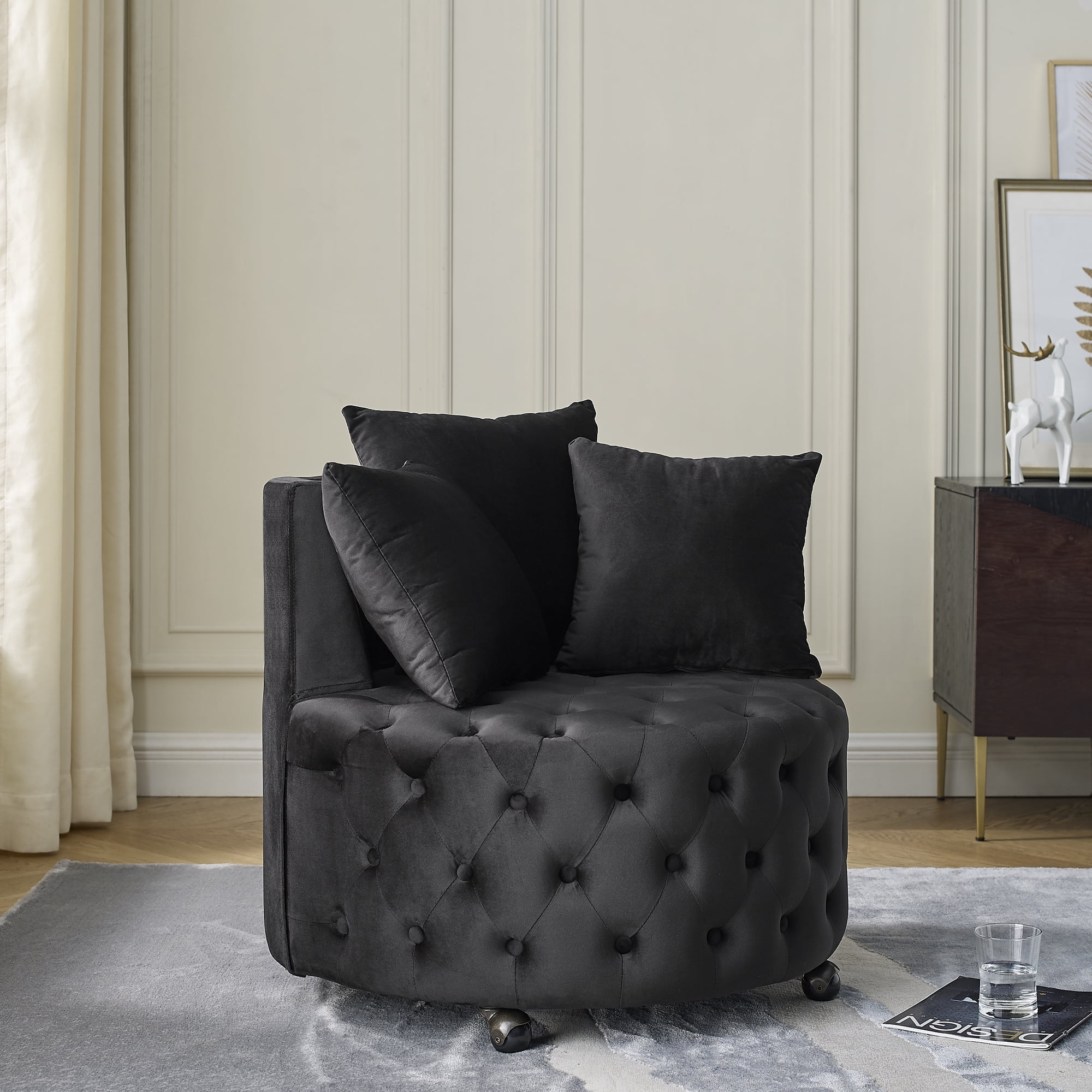 Gewnee Swivel Chair, Black Velvet Modern Glam Accent Chair with Tufted Design & 3 Pillows Included, 250LBS Capacity for Home Office Living Room Bedroom