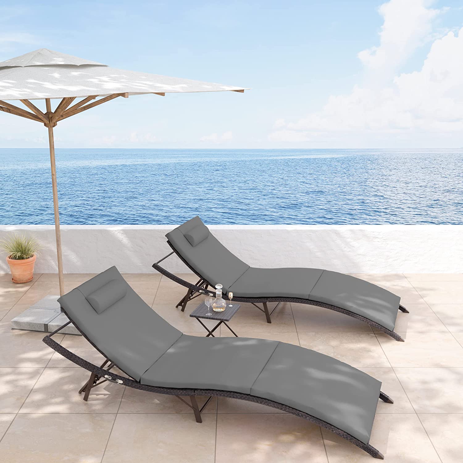 Kullavik Patio Chaise Lounge Set 3 Pieces Outdoor Lounge Chair Outdoor Wicker Lounge Chairs with Table Folding Chaise Lounger for Poolside Backyard Porch,Grey - image 2 of 7