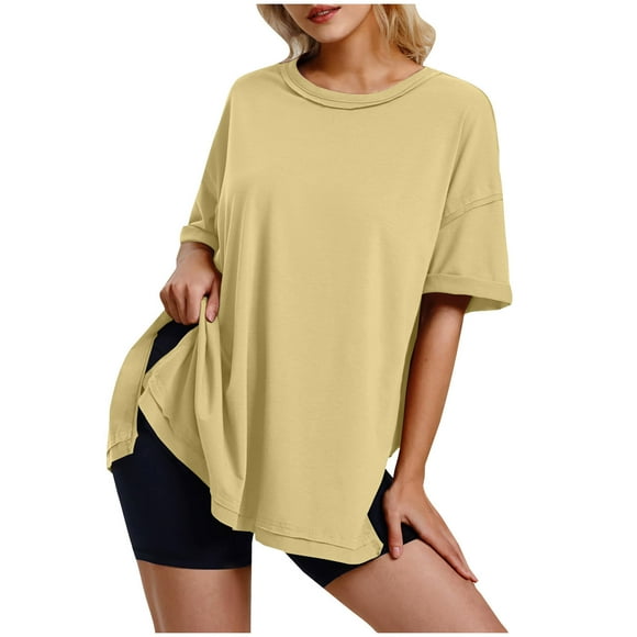 ZVAVZ Womens Tunic Tops,Women Oversize Solid Color T-Shirts Short Sleeve Scoop Neck Tees Shirts Workout Athletic Tops for Women Khaki,XL