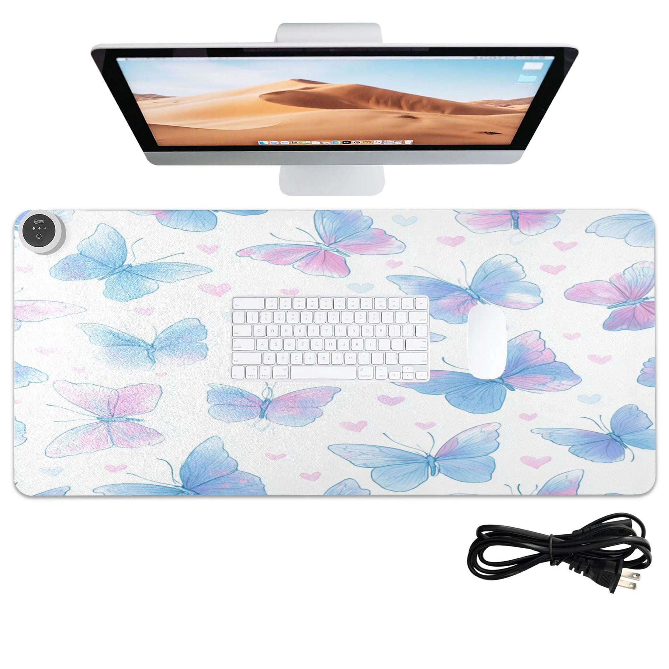 Large Heated Desk Mat Mouse Pad 31.5"x13"PU Leather Graphene Heating Desk Warmer with 3 Temperature Settings 110V US Plug Non-Slip Warm Pad for Home, Office, and Gaming Sweet Heart Butterfly Print