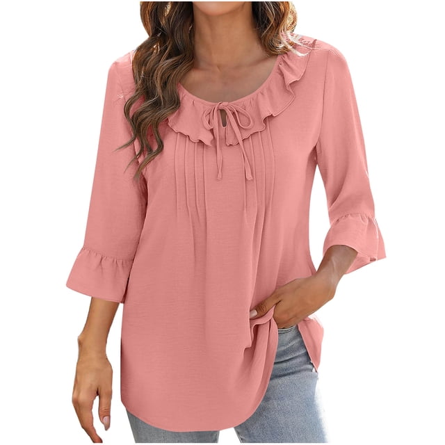 Olyvenn Hauts à Manches 3/4 pour Femmes, Col Rond, Été, Chemises à Nouer devant, Blouses Plissées Décontractées, Rose m
