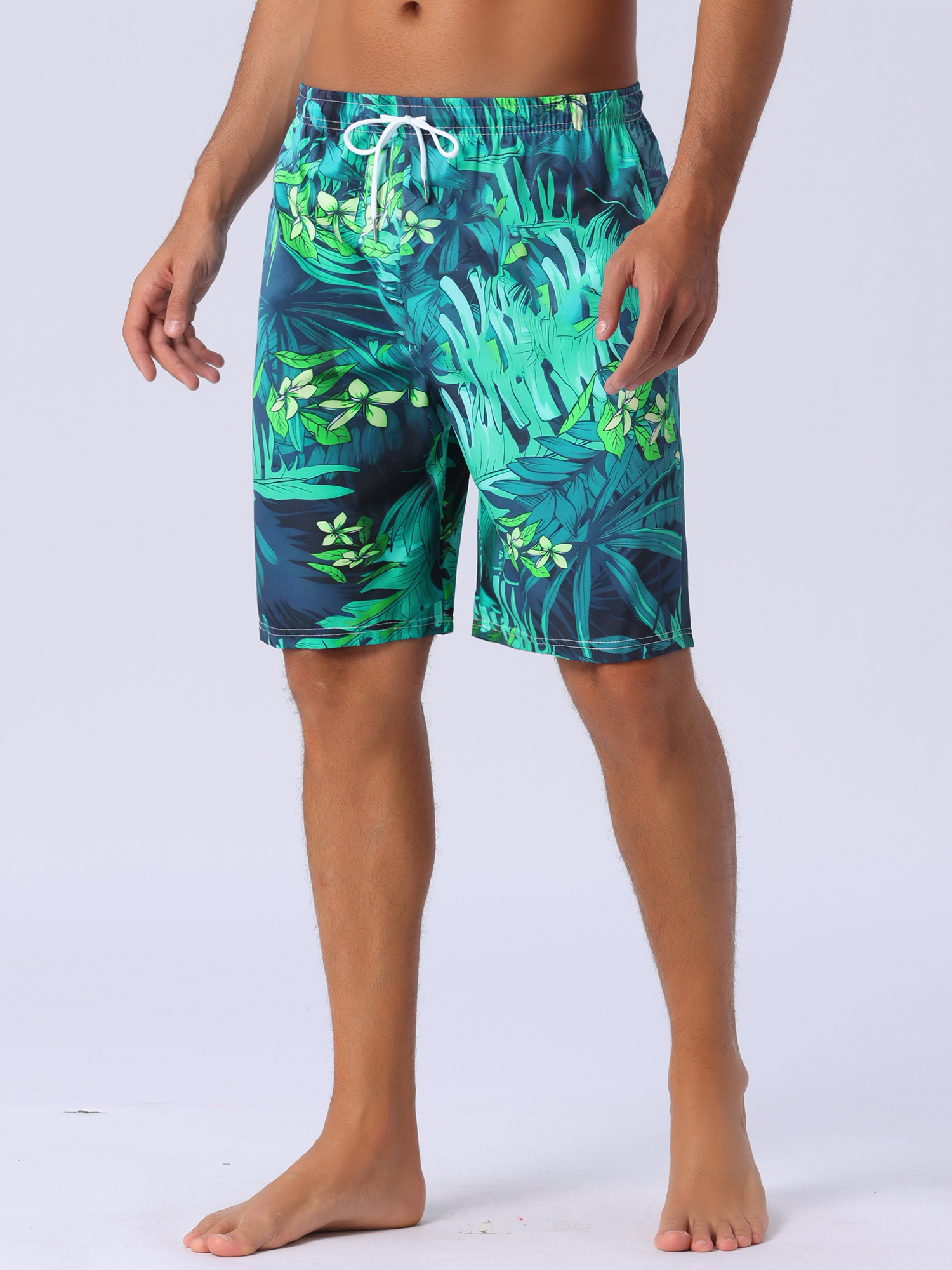 DARING DIVA Men's Floral Print Elastic Waist Drawstring Hawaiian Beach Swim Shorts 36 Dark Green