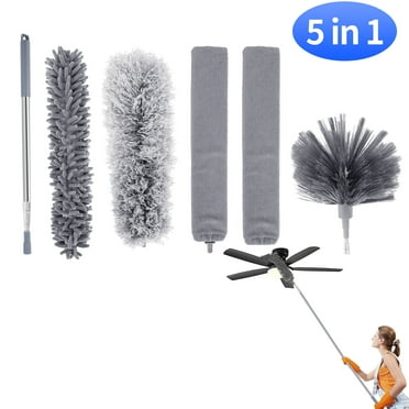 Qissep 5 in 1 Microfiber Duster,Duster with Extension Pole,Reusable Bendable Dusters,Washable Feather Dusters for Cleaning,Ceiling Fan,Ceiling,Blinds,Furniture,Cars