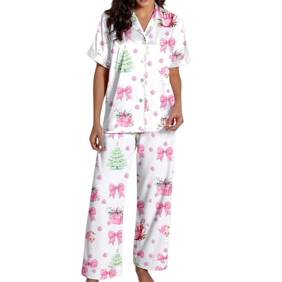 Weebloom Christmas Pajamas For Women Satin Short Sleeve Button Down Tops With Pants Soft Cozy Nights And Relaxation Nightwear Pjs Pink L
