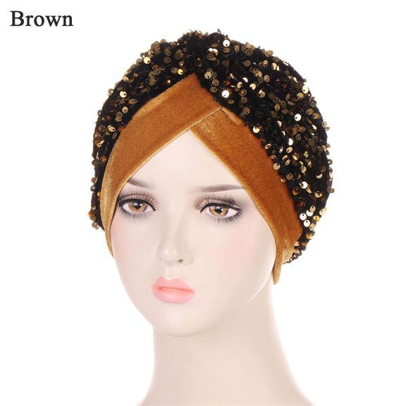 Women Glitter Sequins Headscarf Headband Head Wraps Muslims Bonnet Hijab Chemo Cap Turban Hat BROWN