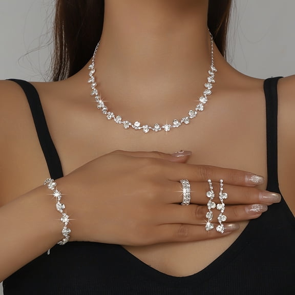 JUSIP Luxurious Simple Style Copper Jewelry Set with Rhinestone Footprint Necklace, Bracelet, Earrings, and Ring, Four-piece Bridal Accessorie