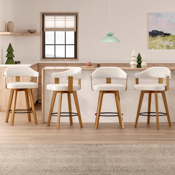EYYTHUNG Swivel Bar Stools Set of 4, Modern Curved-Back 26-Inch Counter Barstools with Armrests, Linen Upholstered Wooden Stools for Kitchen Island & Home Bar Seating, Beige