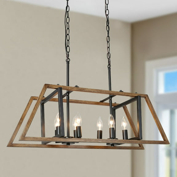 LNC Farmhouse 8-Light Black Chandelier with wood accent,LED Kitchen Island Light