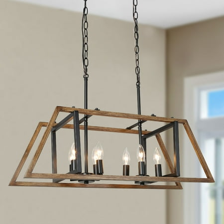 

LNC Farmhouse 8-Light Black Chandelier with wood accent LED Kitchen Island Light