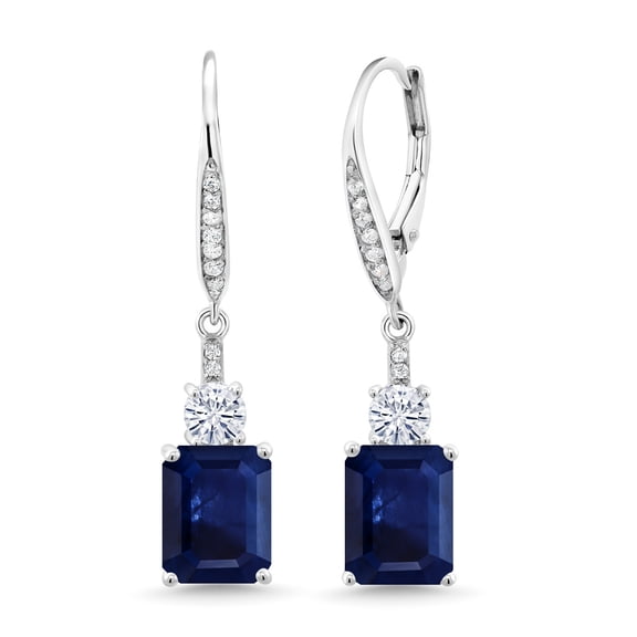 Gem Stone King 925 Sterling Silver Blue Sapphire White Moissanite from Charles & Colvard and White Topaz Dangle Earrings for Women (5.58 Cttw, Gemstone September Birthstone, Octagon 9X7MM)