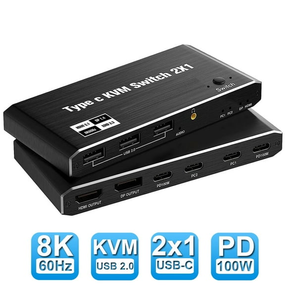 AUBEAMTO USB C KVM Switch 8K@60Hz 4K@120Hz, 2 Port Type C KVM Switch for 2 Computers Share 1 Monitor, USB C KCM with 3 USB 2.0 Ports & 100W Power Delivery, 2 USB-C Cables Included