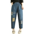 thumbnail image 3 of Women's Embroidered High Waisted Capri Jeans Elastic Waist Denim Pants Bohemian Style Summer Casual Comfort Fit Artistic Design Light Yellow L, 3 of 6