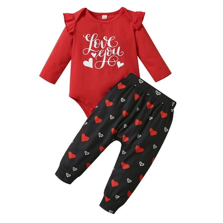 

Mieeyali Infant Baby Girls 2 Pieces Outfit Letter Print Ruffles Long Sleeve Romper + Heart Print Long Pants Valentine s Day Set