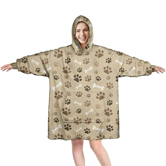Brown Dog Paw Footprint Bone Wearable Oversized Blanket,Wearable Blanket Hoodie for Adults,Cozy Hooded Blankets with Super Pockets,Super Warm Fuzzy Pullover for Women & Men