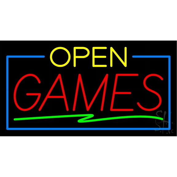 Open Games LED Neon Sign 20 x 37 - inches, Black Square Cut Acrylic Backing, with Dimmer - Bright and Premium built indoor LED Neon Sign for wall décor, arcarde, and storefront.