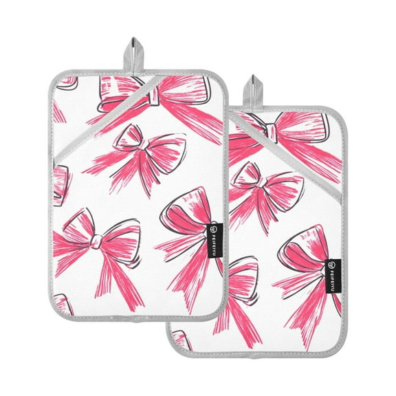 Simple Design Pink Bow Oven Mitts Pot Holders 2 pcs Heat Resistant for Kitchen Baking Grilling