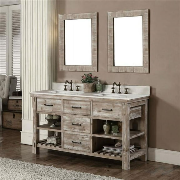 InFurniture WK8260-AP TOP 60 in. Rustic Solid Fir Double Sink Vanity With Arctic Pearl Quartz Marble Top-No Faucet