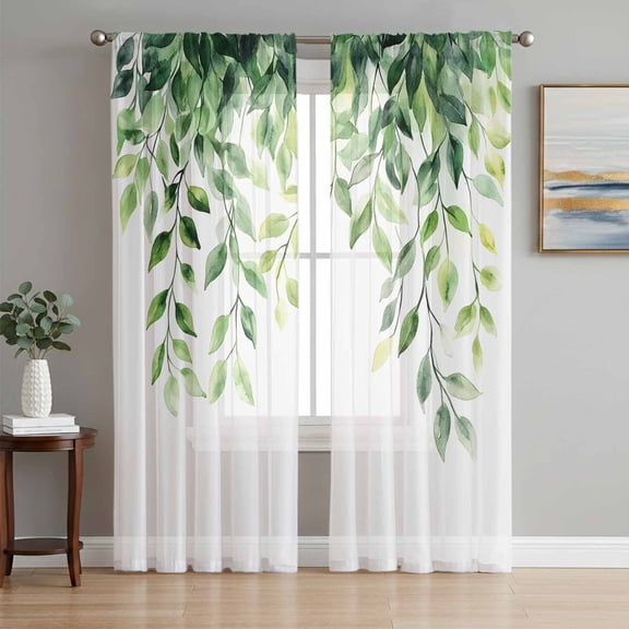 Eucalyptus Leaf Sheer Curtains 72 Inch Length 2 Panels Set, Spring Green Botanical Leaves Aesthetic Voile Window Treatment Rod Pocket Curtains Sheers Drapes for Bedroom/Living Room/Kitchen 52"x72"x2