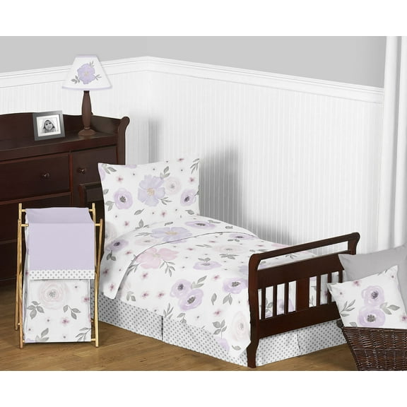 Sweet Jojo Designs Watercolor Floral Purple Pink and Grey Toddler Bed Comforter 5 Piece Bedding Set