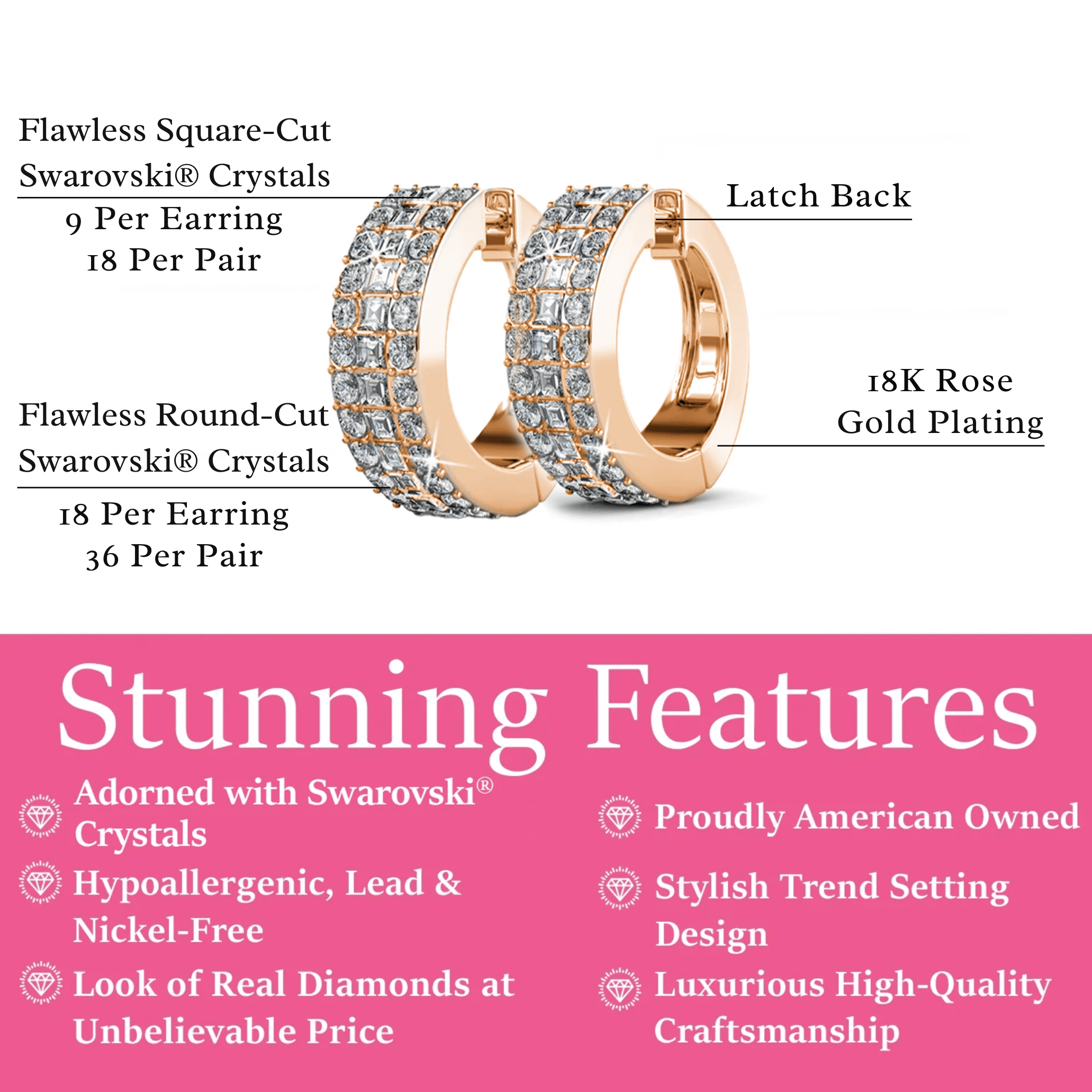 Cate & Chloe Wrenley 18k Rose Gold Plated 16mm Hoop Earrings with Swarovski Crystals for Women