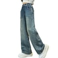 thumbnail image 2 of hengsof Heart Applique Stretch Denim Jeans for Girls Straight Leg Wide Leg Pants Casual Comfort Trousers with Pocket Details Size 4-15 Years, 2 of 8