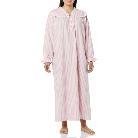 

AmeriMark Long Flannel Nightgown for Women Eyelet Lace Trimmed Neckline Pink Stripe 5X