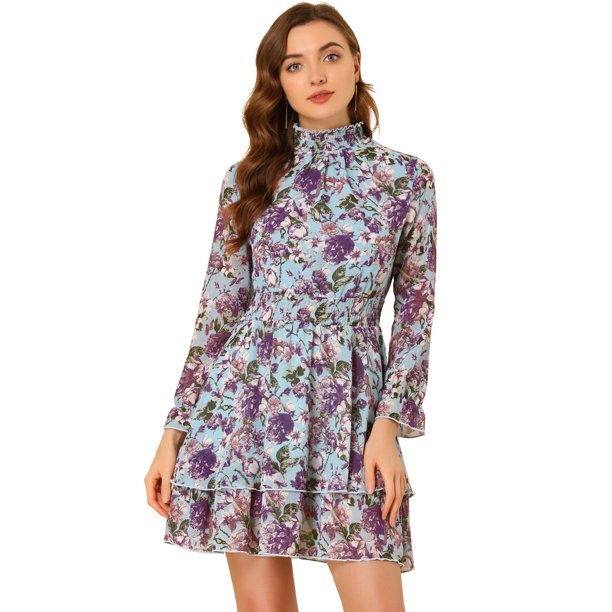 Vestido floral de gasa de manga larga con cuello simulado, volantes en capas, minivestidos con cintura de bata transparente Azul M