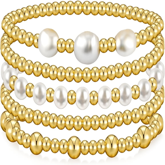 DESIGNICE Gold Bracelets for Women Pearl Bracelet Gold Bracelet Stack Beaded Bracelets for Women 14K Gold Plated Stretch Bead Ball Bracelet Sets Jewelry for Christmas Birthday Gifts
