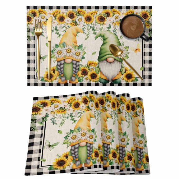 Sunflower Gnomes Placemats Set of 6, Spring Farmhouse Vintage Daisy Floral Leaf Placemats for Dining Table, Place Mats for Kitchen Tabletop, Waterproof Wipeable Dining Table Mats Set
