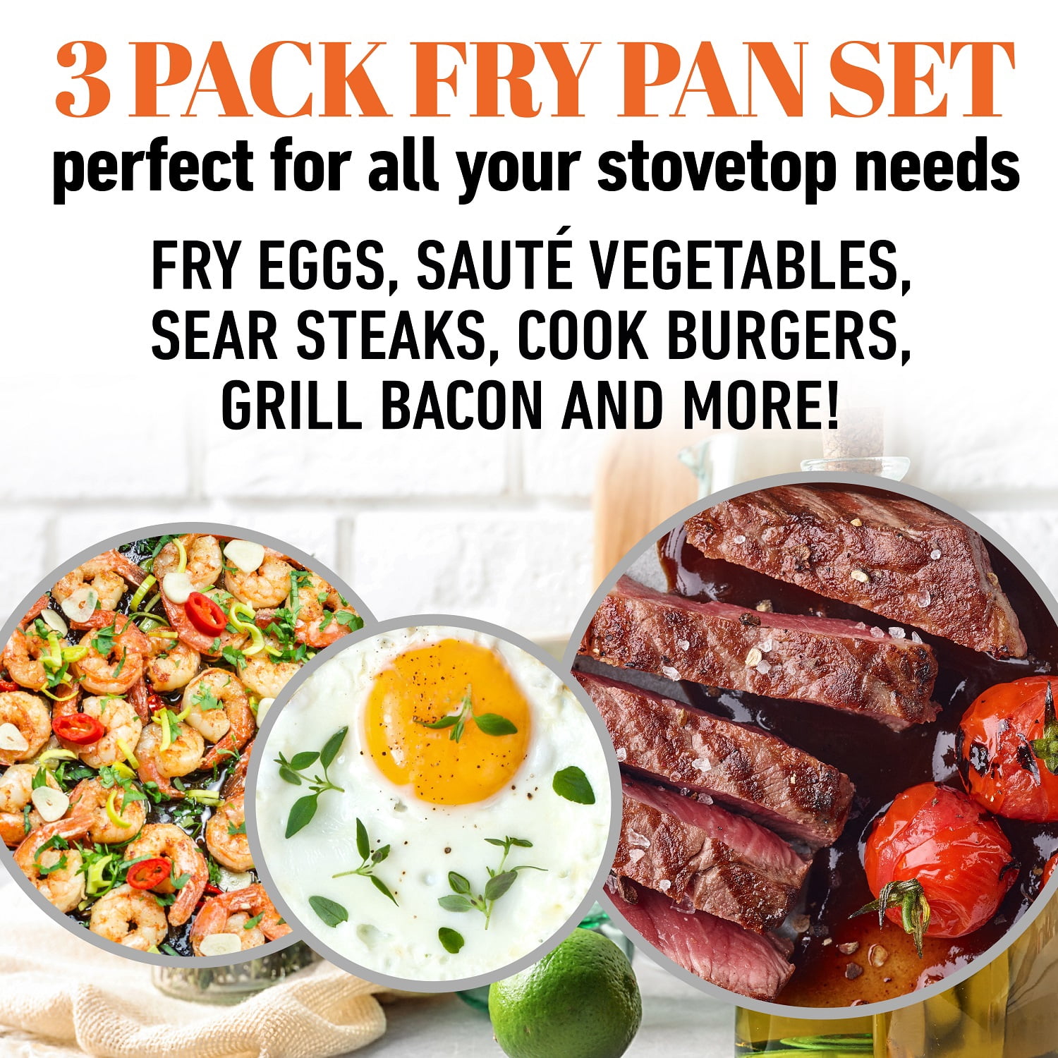 Gotham Steel Diamond Nonstick Frying Pan Set Piece 8" 10 12" Skillets Ceramic Cooking Pan Induction Oven Safe Gray Copper