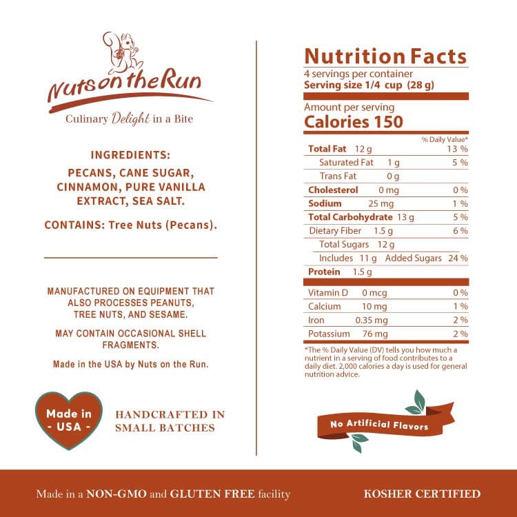 Nuts on the Run Cinnamon Pecans - Vegan, Kosher, Gluten-free, GMO-free - 4oz (PACK OF 3 BAGS), Vegan Pecan Pralines, Satisfaction Guarantee