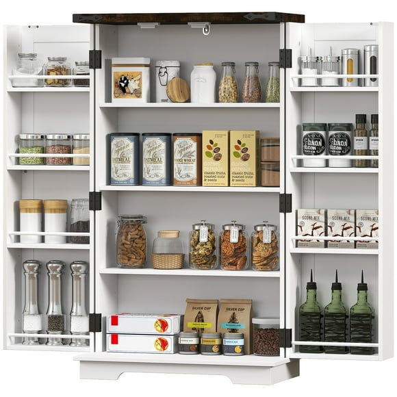 HOMCOM Farmhouse Kitchen Pantry Storage Cabinet, Kitchen Pantry Cabinet with Doors and Adjustable Shelves, White