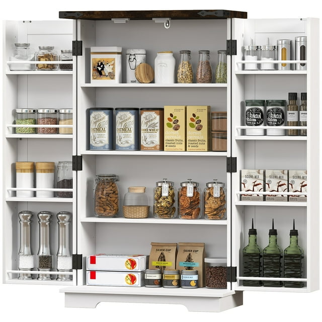 HOMCOM Farmhouse Kitchen Pantry Storage Cabinet, Kitchen Pantry Cabinet with Doors and Adjustable Shelves, White