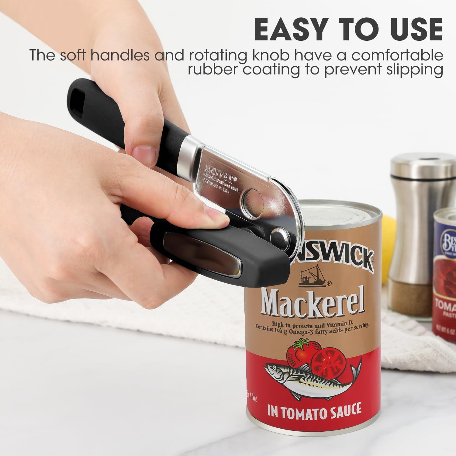 Manual Can Opener, Handheld Can Opener Heavy Duty with High Carbon Sharp Blade, Ease Can Open for Seniors with Comfort Grip Handles, Oversized Turn Knob, Black