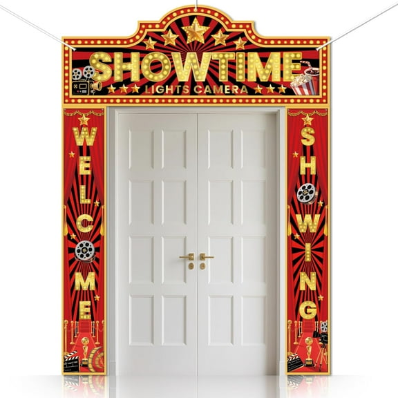 3 Pcs Movie Night Decorations Porch Sign Banner Showtime Movie Theme Party Decorations Hanging Welcome Door Banner