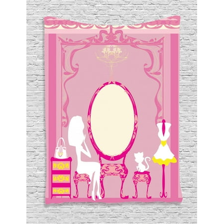 Baby Girl Room Mirrors Girls Tapestry, Lady Sitting in front of French Cosmetic Make-Up Mirror Furniture Dressy Design, Wall Hanging for Bedroom Living Room Dorm Decor, Pink Yellow, by Ambesonne ()