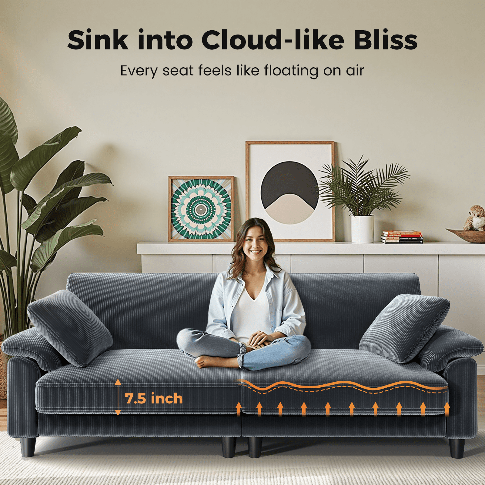 Patbrela 83" Corduroy Sofa, Loveseat Sofa with Extra Deep Seat Couches, Comfy Upholstered Couch for Living Room, No Assembly with 2 Pillows, Gray